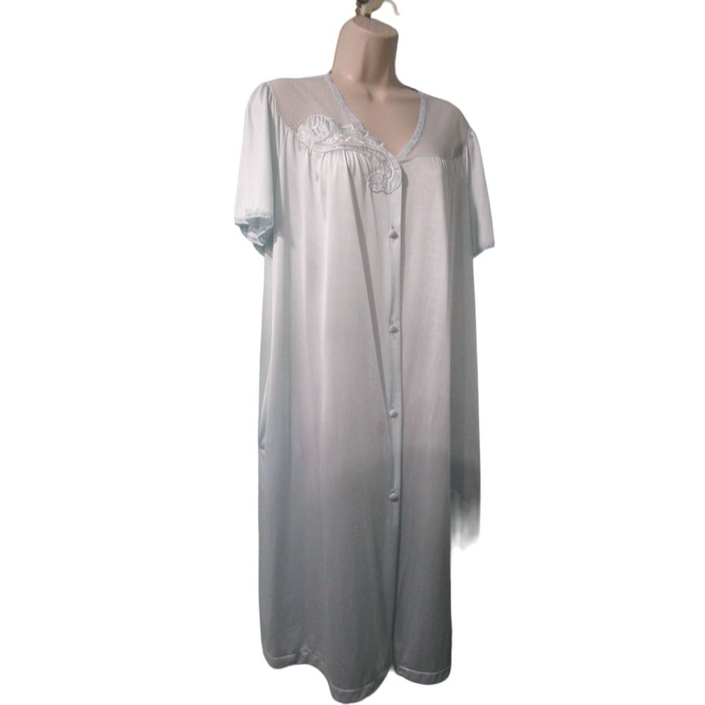 Vintage Vanity Fair Light Ice Blue Dressing Gown Lace Floral Applique L XL EUC